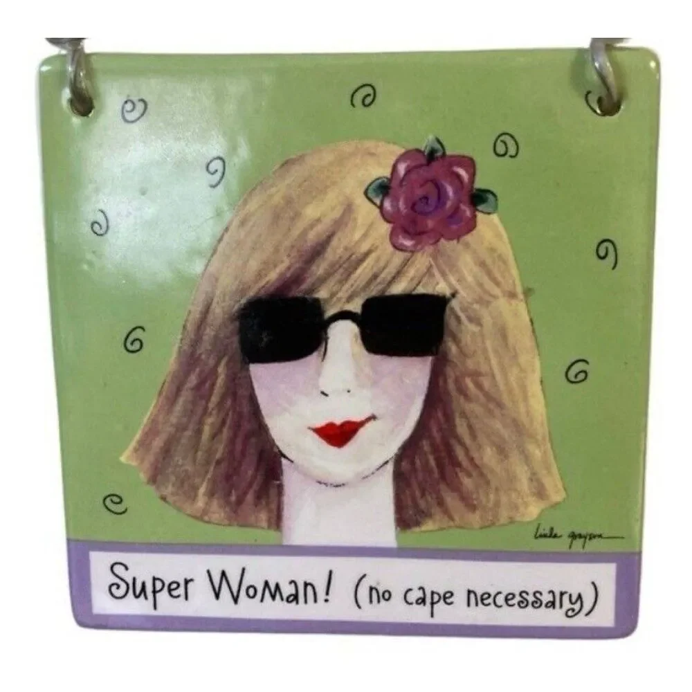 Super Woman Plaque Tile No Cape Required Beaded Handle Cute Artwork Vintage